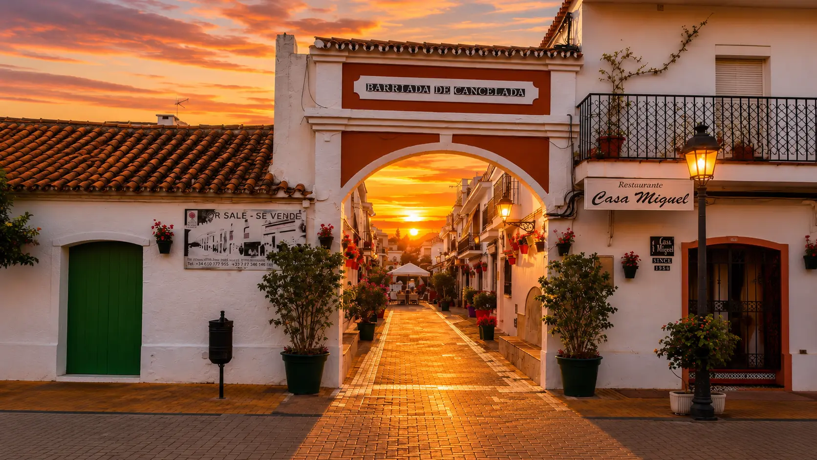 Entrance to Cancelada village near Oceana Estepona at sunset